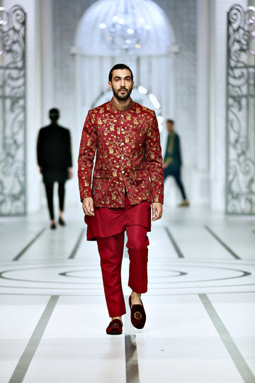 Maroon Color Golden Embroidered Prince Coat For Men